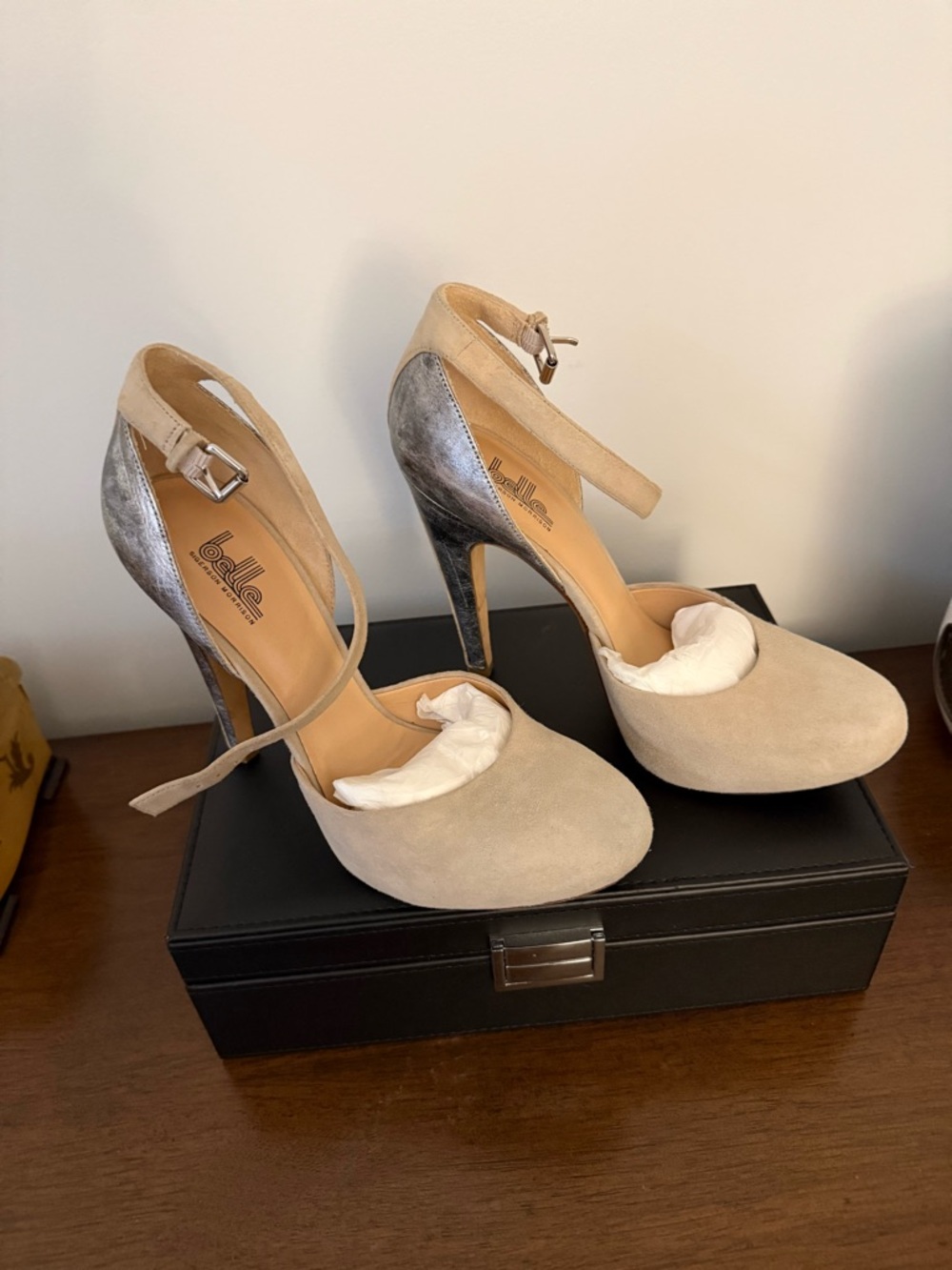 Belle Cream Suede Pumps with Metallic Silver Heel and Ankle Strap
